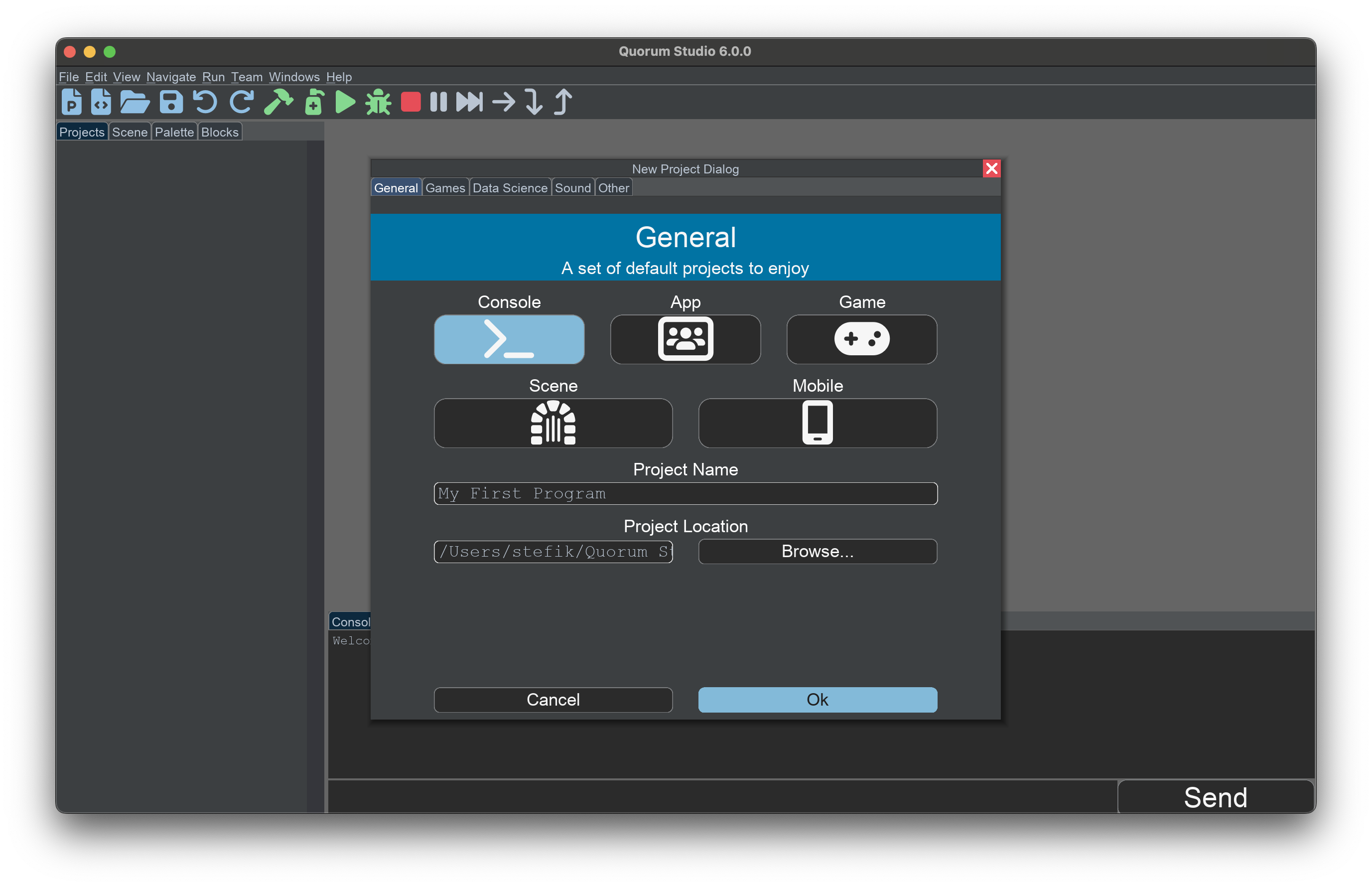 This image shows Quorum Studio's New Project Dialog. The dialog contains 5 tabs with various kinds of projects on them. For this screen, it contains console, app, game, scene, and mobile. For each, you can set the project name and location.